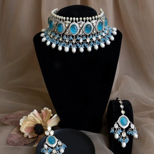Indian Wedding Choker Set: CZ Bridal Necklace with Tikka & Jhumka