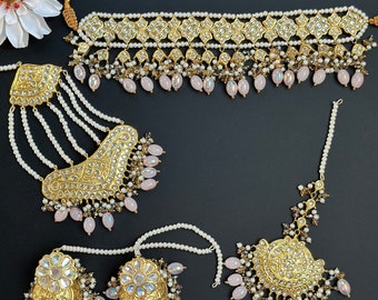 Gold Plated Kundan Choker Set: Indian Bridal Jewelry with Pink Crystal Drops