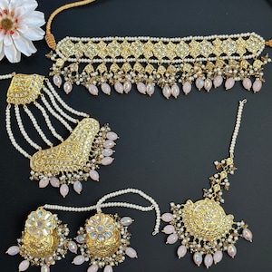 Multani Necklace set/Thapa Kundan Choker/Punjabi Wedding Jewelry/Indian bridal necklace with passa earrings and jhoomar/Gold Plated Choker
