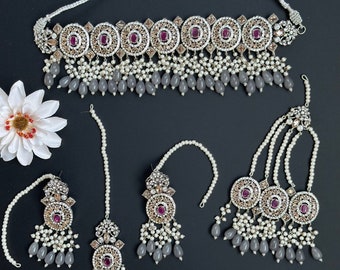 Gray Pink Kundan Choker Set: Indian Bridal Jewelry with Tikka & Jhoomar