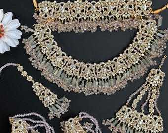 Kundan Polki Bridal Jewelry Set: Double Choker, Earrings, Tikka & Jhoomar