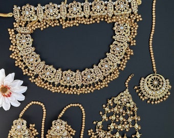 Gold Kundan Bridal Jewelry Set: Pakistani Wedding Necklace, Tikka, Earrings