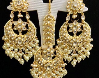 Conjunto Kundan Jhumka: Maangtikka de oro, pendientes indios paquistaníes