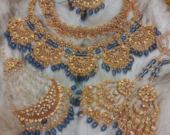 Pakistani bridal set/blue gold Indian necklace/choker with passa/walima necklace/Indian wedding set/Bollywood jewelry/kundan necklace set