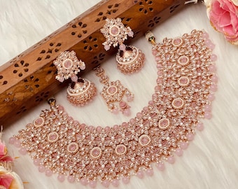 Kundan Choker Necklace Set: Indian Bridal Jewelry, Pearl Wedding Set
