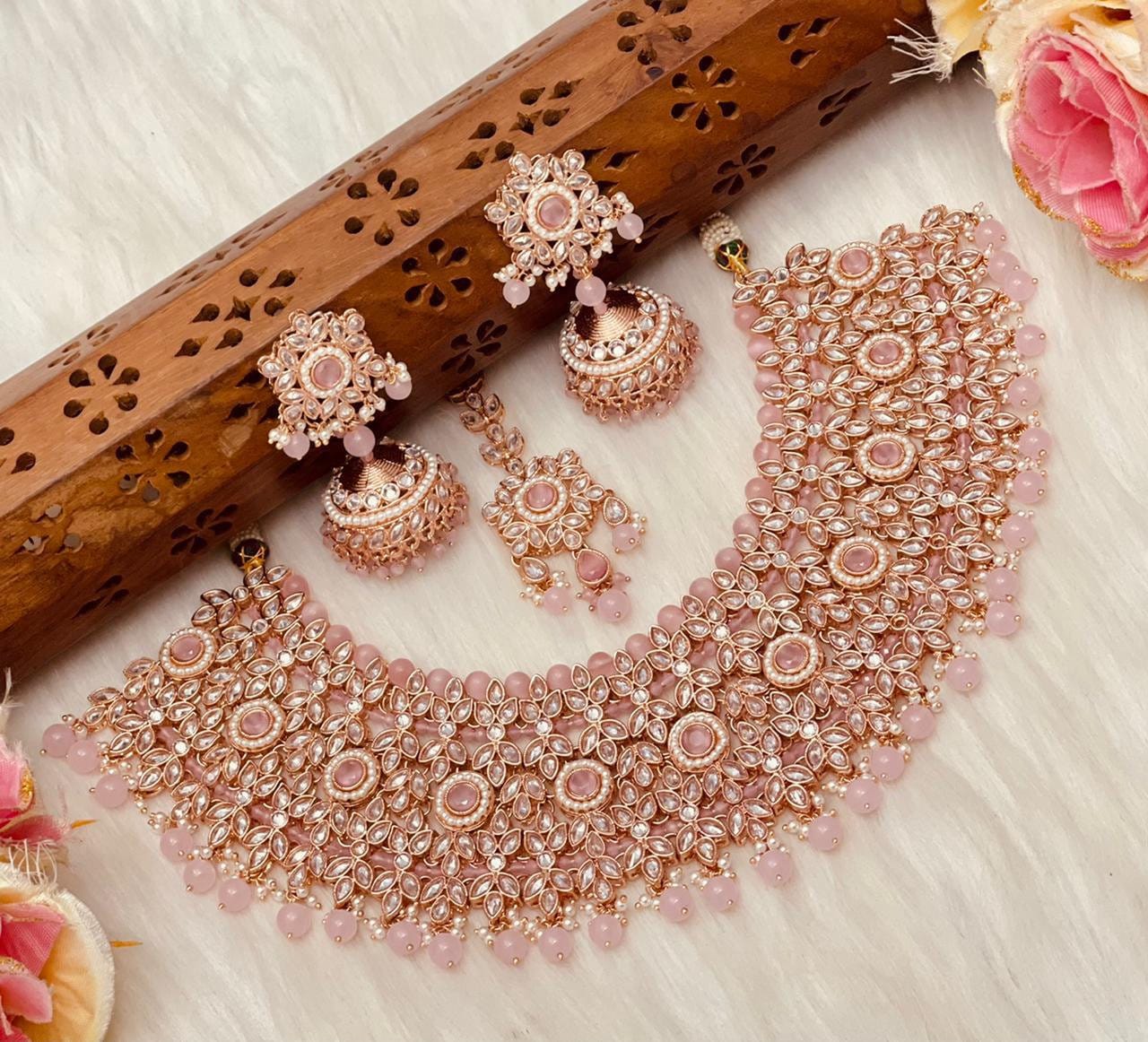 Indian Jewellery Set Bridal Rose Gold Necklaces Rose Gold Pink