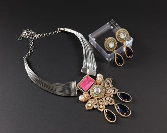 Conjunto de gargantilla nupcial de polki rosa, joyería de boda india y pakistaní, collar largo con pendientes.