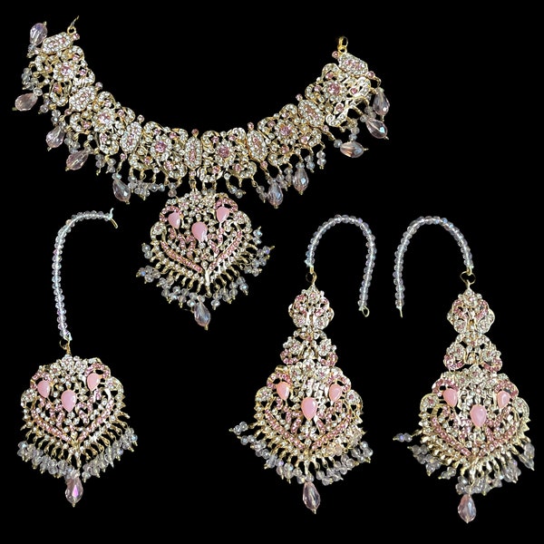 Sabyasachi Bollywood Jewelry/Kundan Jewelry/jadau choker/Indian Bridal Set/pink Indian Jewelry/pakistani nikah passa set/Polki jhumka tikka