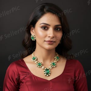 Modernes Long Polki Choker Set: Indischer Brautschmuck mit Ohrringen