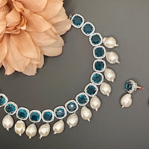 Indischer Empfang Halskette/Indischer Brautschmuck mit Ohrringen/CZ Halskette Set/American Diamond Halskette/Halbedelstein Choker/Hochzeit