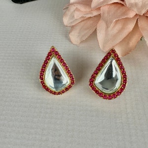 Moissanite Kundan Studs: Ruby Polki Dainty Earrings