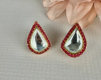 Moissanite Kundan Studs: Ruby Polki Dainty Earrings