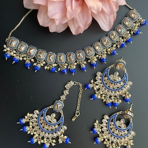 Bollywood Jewelry/Blue Indian choker/blue Kundan Choker/blue gold polki choker/Indian Bridal Set/Punjabi Jewelry/Pakistani Necklace/tikka