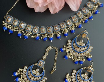 Bollywood Jewelry/Blue Indian choker/blue Kundan Choker/blue gold polki choker/Indian Bridal Set/Punjabi Jewelry/Pakistani Necklace/tikka