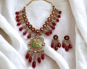 Conjunto de collar Kundan Meenakari: joyería nupcial india verde esmeralda