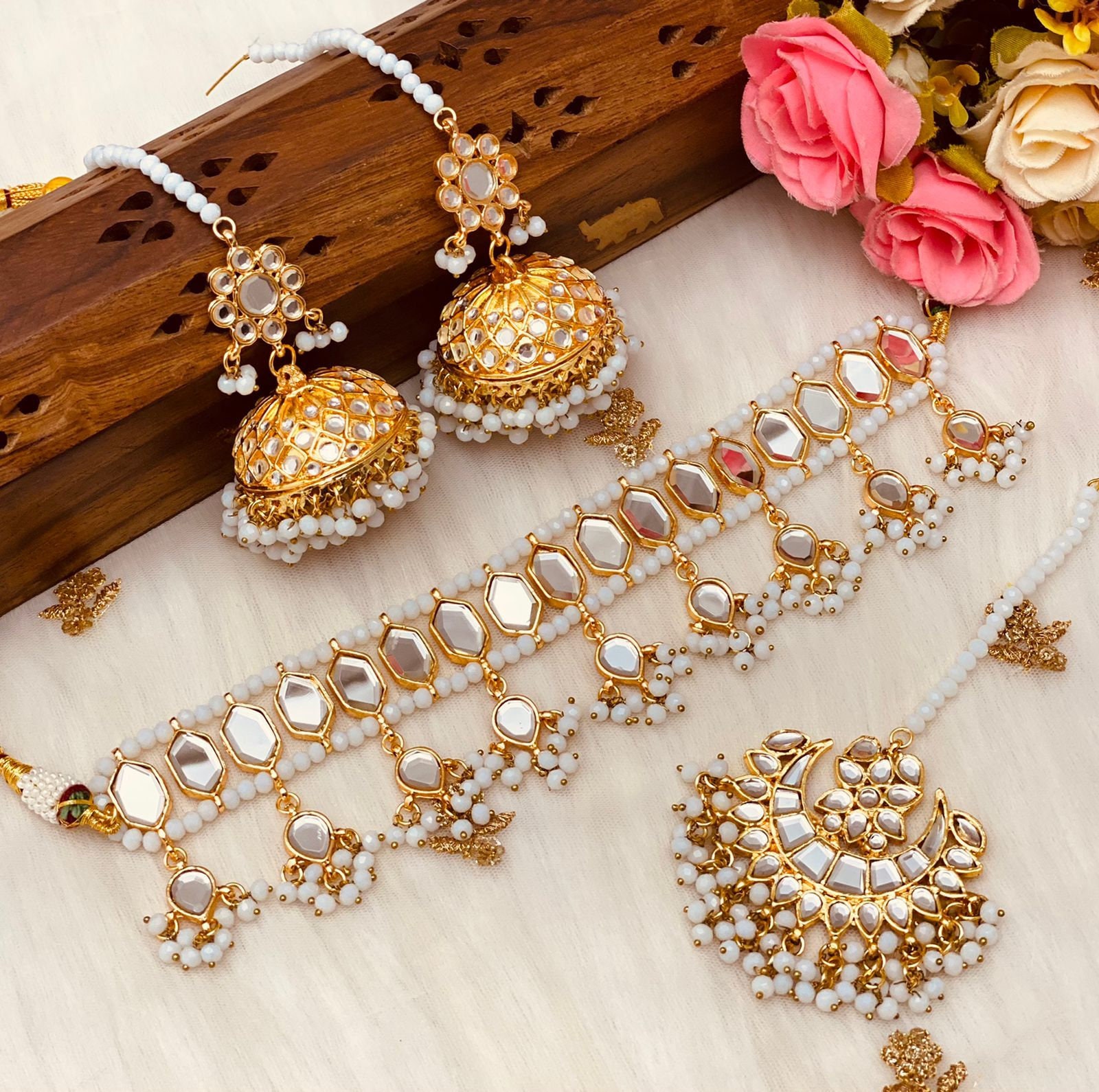 Gold Plated Kundan Pearl Choker Necklace Set For Women - Handmade Jewelry With Earrings & Maang Tikka, Traditional Indian Design (K7266) - View #2