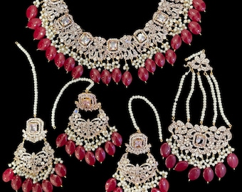 Pink Red Indian Bridal Choker Set: Bollywood Jewelry with Tikka