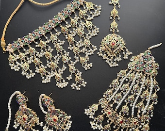 Jadau Choker Set: Indian Bridal Jewelry with Passa, Tikka & Earrings
