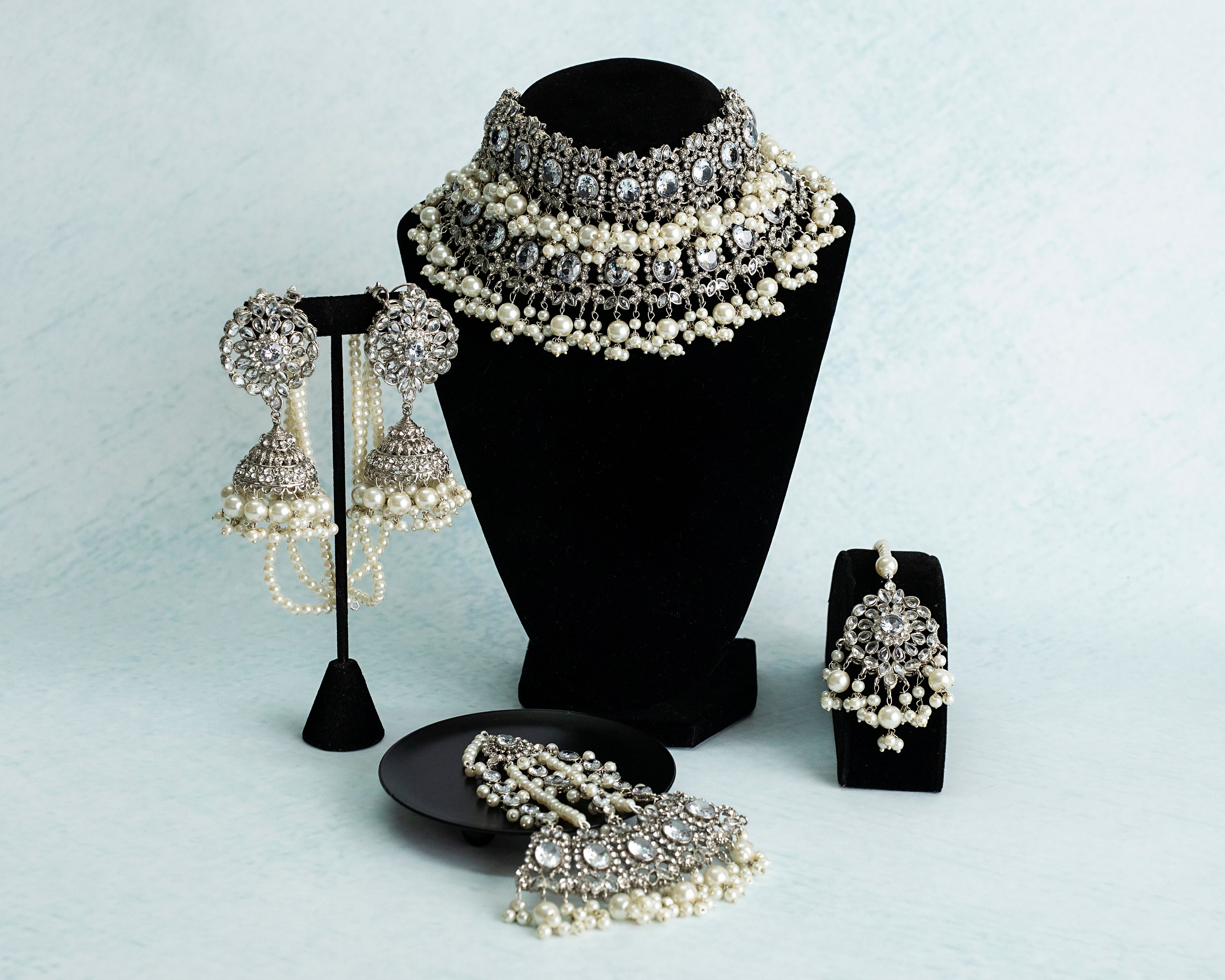 CZ Indian Bridal Choker Set: Silver Walima Jewelry With Jhumar