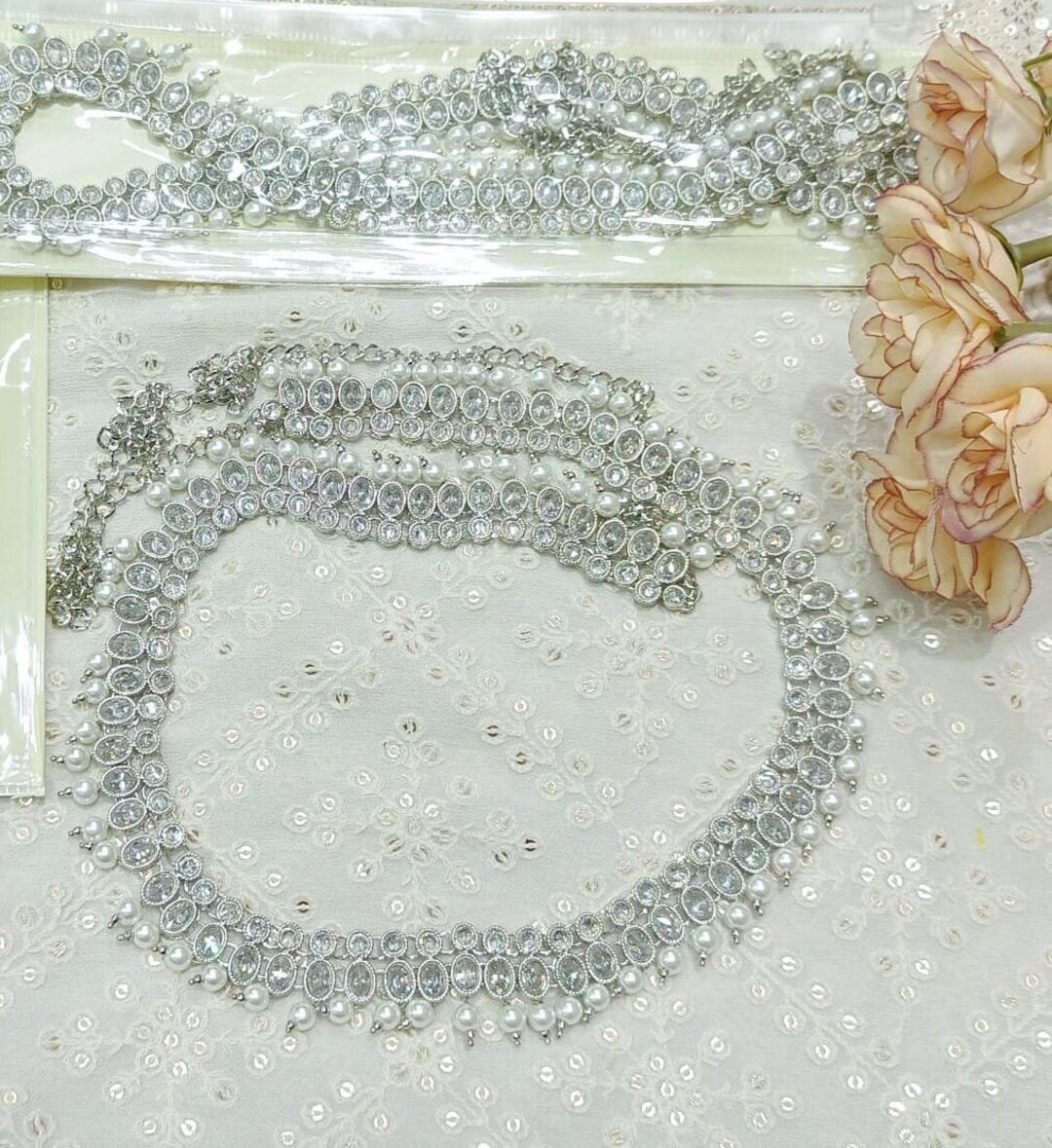 Silver Pearl Kundan Kamarbandh: Indian Bridal Waist Belt - Etsy Israel, image size:1080x1179