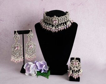 Handmade Silver Plated Bridal Jewelry Set: Choker, Tikka & Jhumka