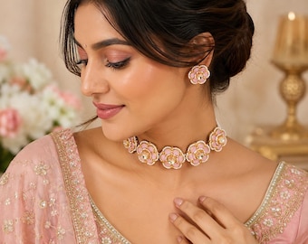 Conjunto de gargantilla Pink Pachi Kundan, joyería para bodas indias, joyería para Mehndi, collar para damas de honor, joyería pakistaní punjabi