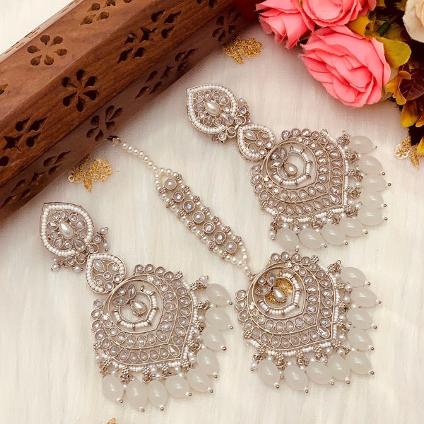 Silver Polki jhumka tikka set/Silver Pearl punjabi maangtikka and earring/kundan tikka set/polki tikka jhumka set/Indian tikka jhumka bridal