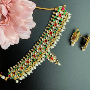 Bollywood Jewelry/Indian bridal Jewelry/South Indian Jewelry/Temple Jewelry/Pachi kundan choker/Hyderabadi Jewelry/Gold and red choker