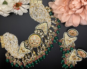 Hand-Painted Meenakari Kundan Choker Necklace & Earrings: Indian Bridal Jewelry