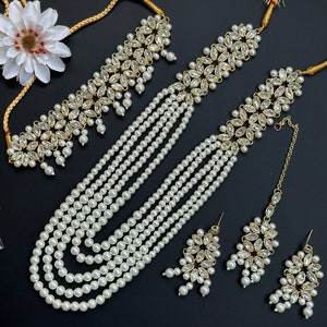 Pearl Choker Necklace Set: Kundan Gold, Bridal Jewelry with Jhumka Earrings