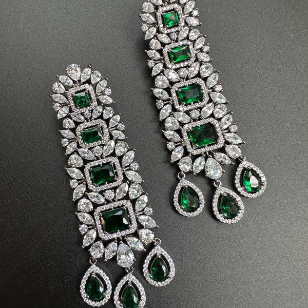 CZ Green Earrings/Reception Bollywood Jewelry/American Diamond earrings/Semi precious stone earring/Emerald Silver Long Diamond earrings