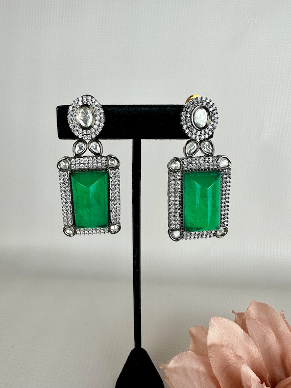 Emerald Green Diamond Earrings indian Green Jhumka green Doublet Earring square Party Moissanite Earrings statement Black Emerald Earrings Etsy