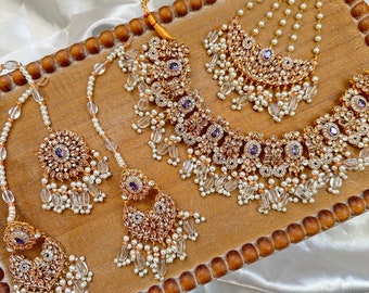 Gold Nikkah Bridal Jewelry Set: Choker, Jhoomar, Tikka