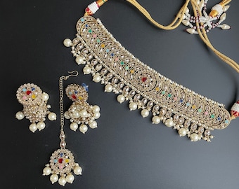 Indian Polki Choker Necklace Set: Kundan Tikka & Jhumka, Sangeet Wedding Jewelry