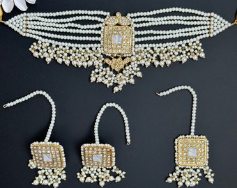 White Pearl Kundan Choker Set, Gold Plated Indian Jewelry