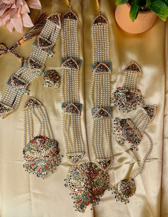 Indian Jadau Jewelry Set: Bridal Choker, Layer Necklace, Earrings