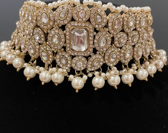 Joyería Amrapali/Conjunto paquistaní/Conjunto de perlas Kundan/Joyería Nikah Valima/Gargantilla india de plata/Passa con collar/Joyería de boda india