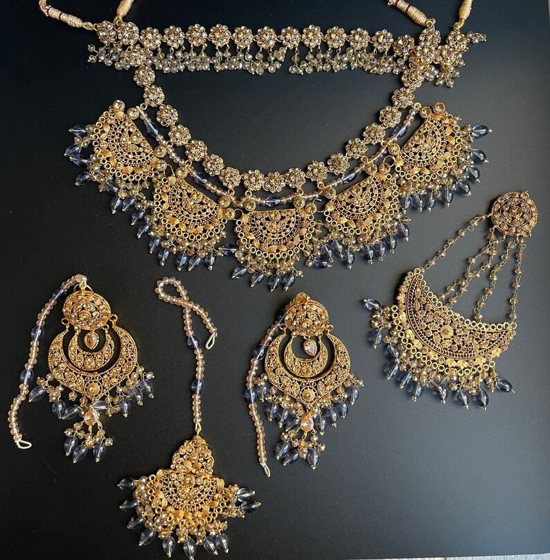 Pakistani Bridal Set/blue Gold Indian Necklace/choker With - Etsy