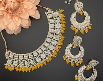 Kundan Necklace Set: Faux Polki, Earrings & Tikka - Mehendi Jewelry