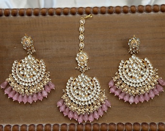 Kundan Chandbali Jhumka Earring with Tikka: Indian Bridal Jewelry Set