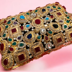 Precious Stone Gold Crossbody Bag/Pakistani wedding clutch/square small purse for parties/Ruby emerald bag/Bags for sarees/unique handbag