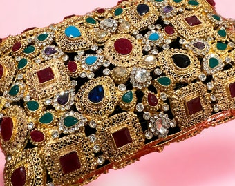 Gold Plated Gemstone Clutch: Pakistani Wedding Party Purse