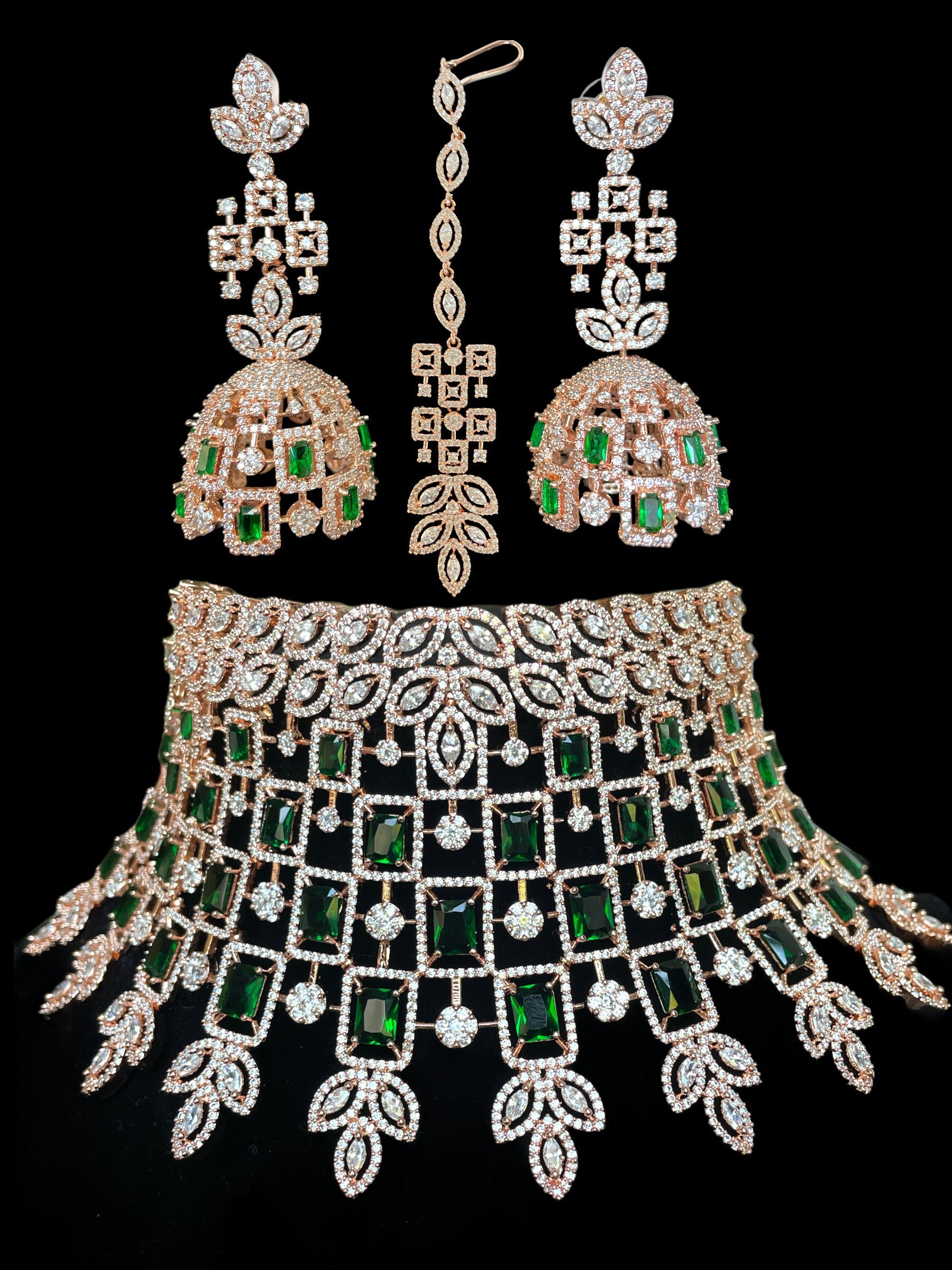 Rose Gold Diamond Choker Set: Indian Tikka Jhumka Jewelry