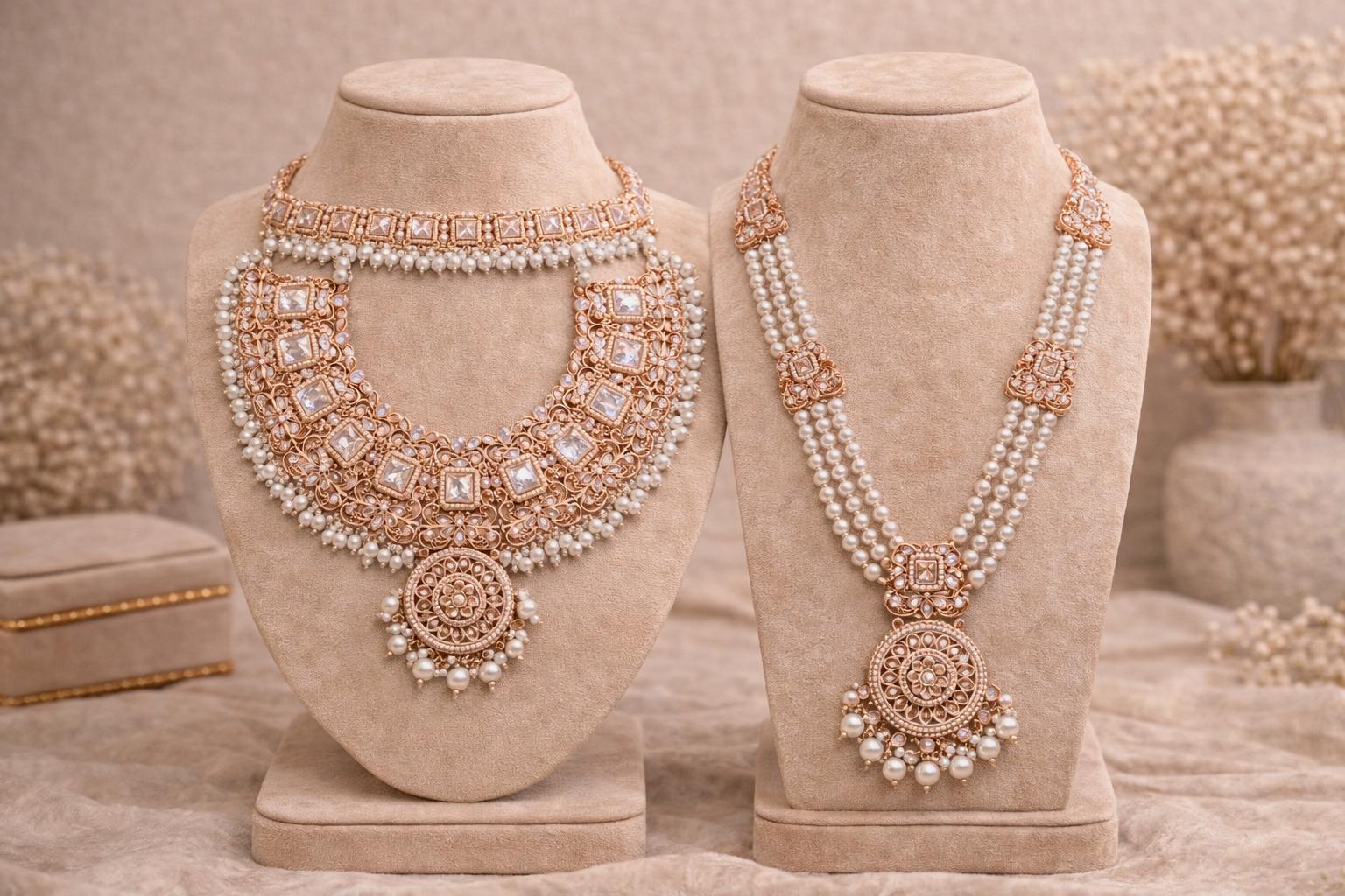 Kundan Rose Gold Indian Bridal Jewelry Set: Polki Necklace, Tikka
