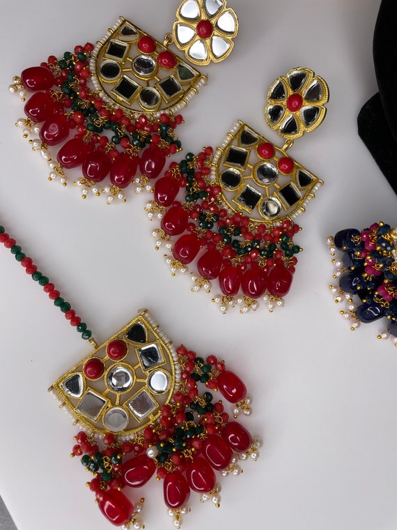 Gold Finished Navratan Jadau Earring Tikka Set By PTJ – Punjabi Traditional  Jewellery