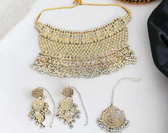 22k Gold Kundan Choker Set: Indian pakistani Bridal Jewelry