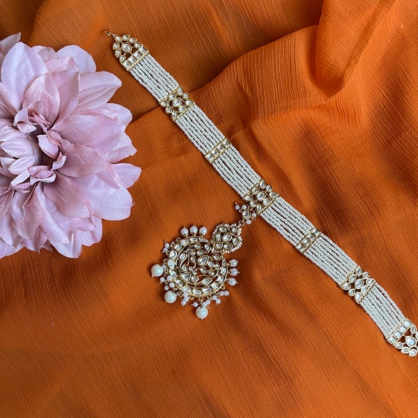 sheeshphool pearls kundan,white mathapatti with tikka,pakistani wedding jewelry,indian head chain,Indian Hair band,indian headband modern
