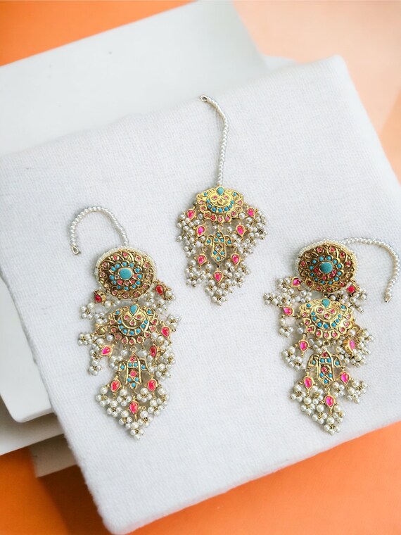 Gold Kundan Tikka Earring Set: Indian Bridal Jewelry