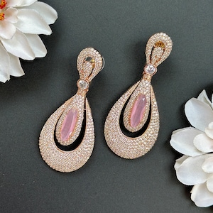 Rose Gold Chandbali Earrings: Pink Opal CZ Diamond Jhumka