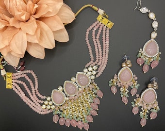 Pastel Pink Kundan Choker: Indian Bridal Jewelry Set